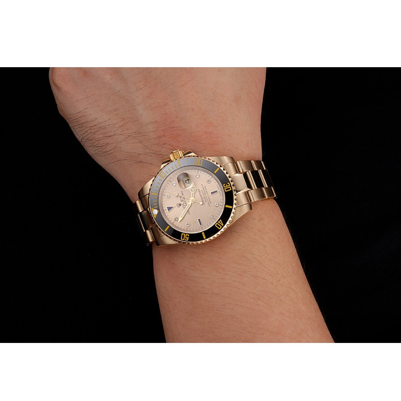 Rolex copies cheap Case With Gold Bezel Submariner Bracelet Black Swiss And Diamond Dial Yellow Markings Gold Rolex 0624